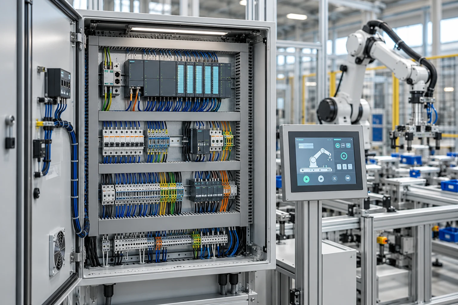 PLC cabinet and HMI with a robotic arm in a factory