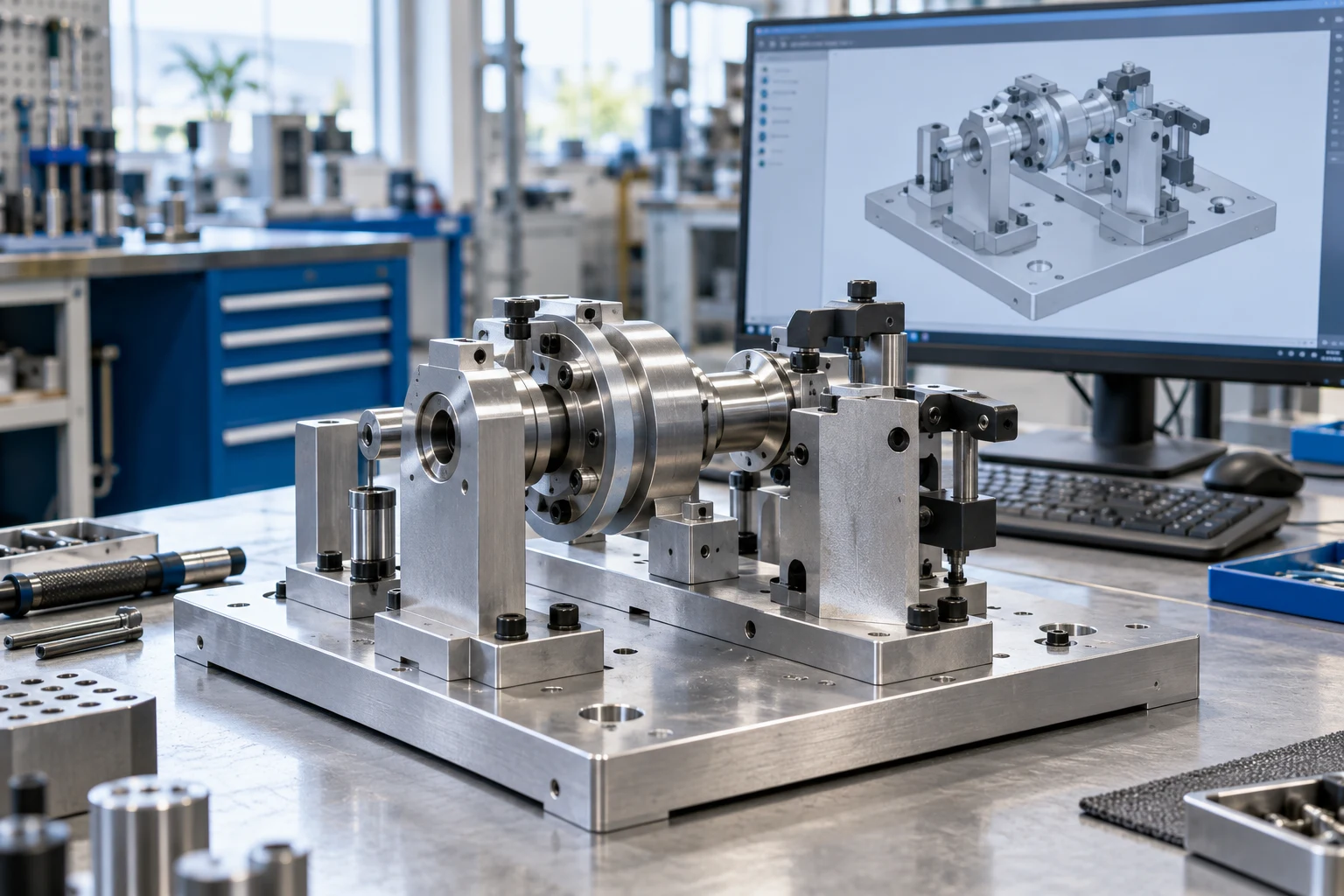 Precision machined fixture beside a CAD assembly workstation